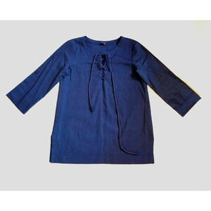 Womens Top-THEORY-navy blue linen tunic w/lace-up front Capsule 3/4 sleeves-PP